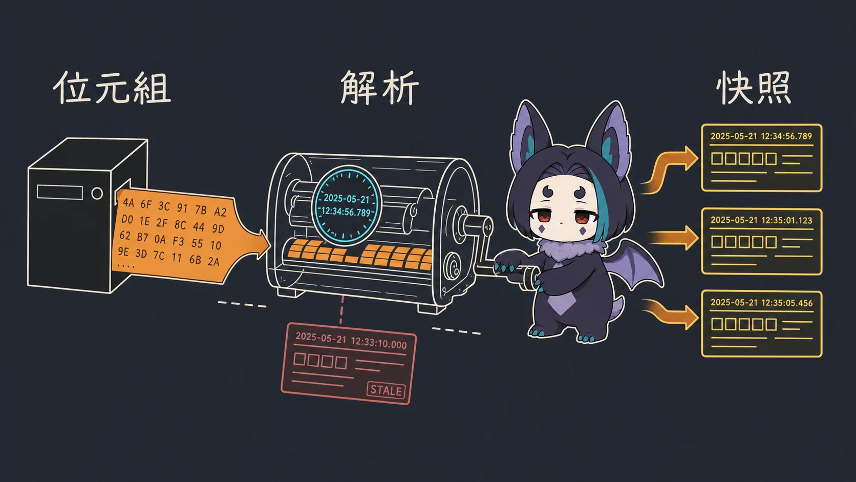 伊蝠把原始位元組送過解析器，壓成帶時間戳的資料快照